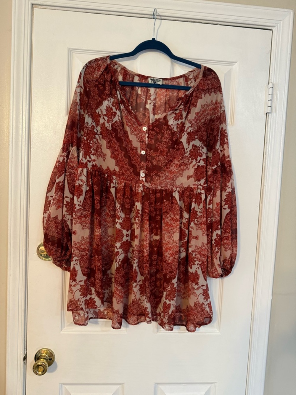 Boho Red Floral Peasant Blouse -
